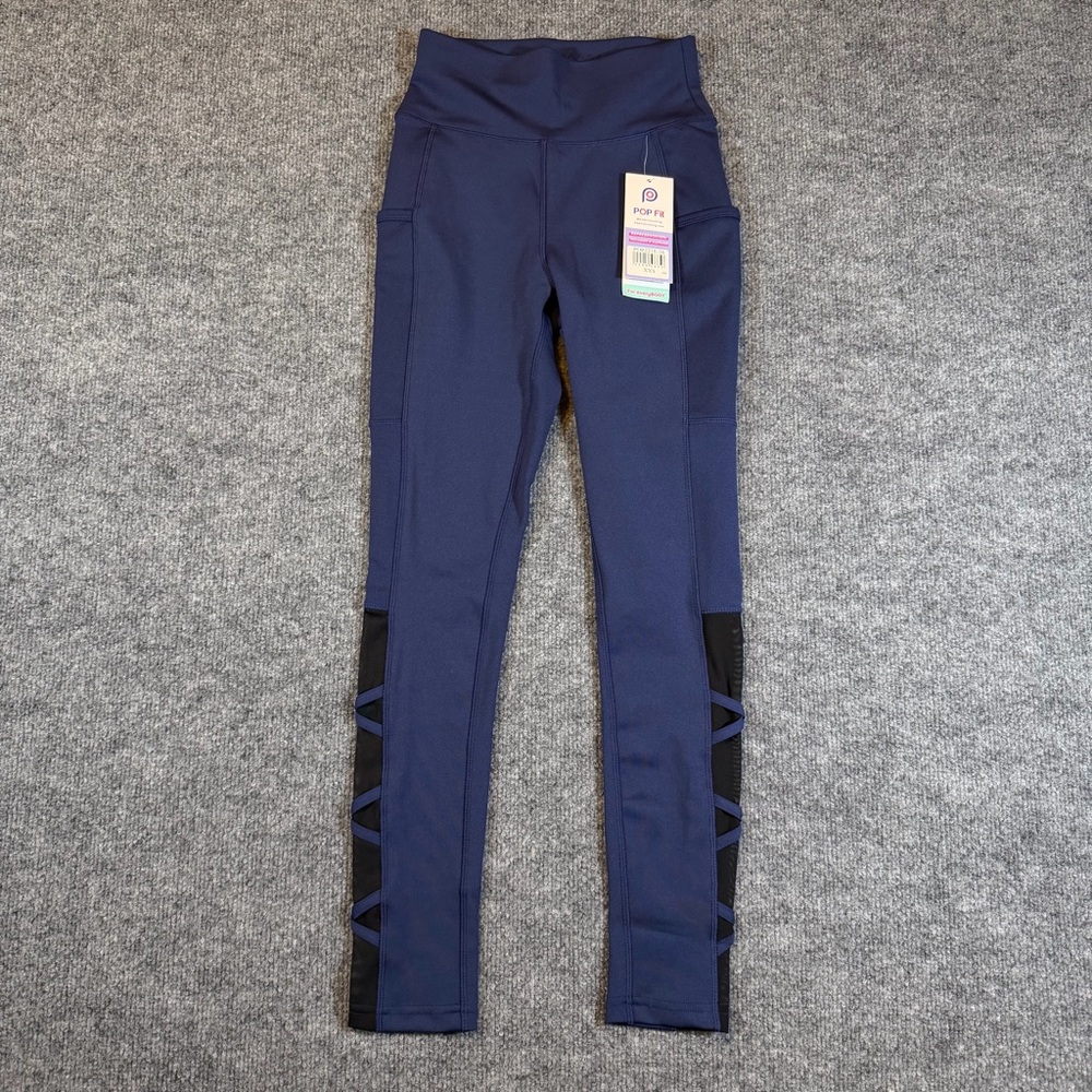 Pop Fit Womens XXS Blue Leggings w/ Black‎ Mesh Criss Cross Design On Calf NWT
